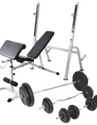 vidaXL Posilňovacia lavica so stojanom na závažie a sadou obojručných a jednoručných činiek 90 kg