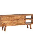 vidaXL TV stolík akáciové drevo s vyrezávanými dvierkami 117x30x40 cm
