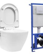 vidaXL Závesné bezokrajové WC so skrytou nádržkou biele keramické