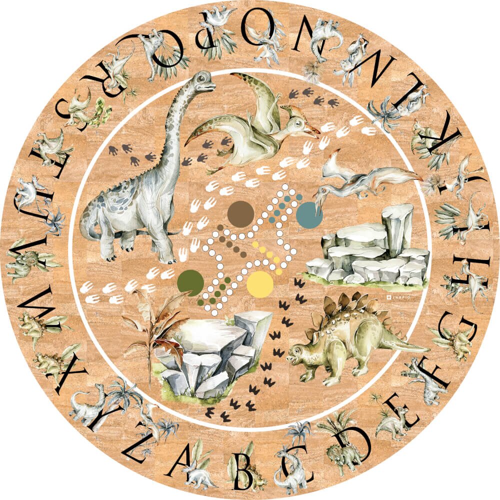 INSPIO Kruhový koberec z korku - Dinosaury a abeceda