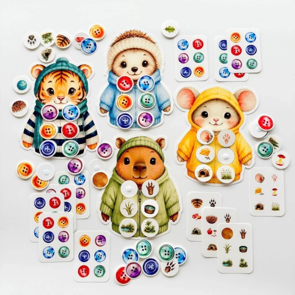 INSPIO Montessori hra na cesty - Gombíky pre zvieratká
