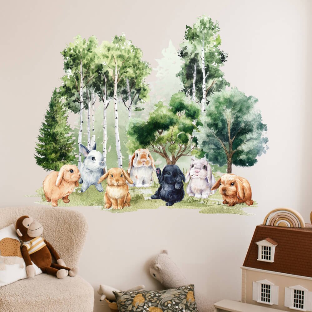 INSPIO Nálepka na stenu do detskej izby - Malé zajačiky na zelenej lúke