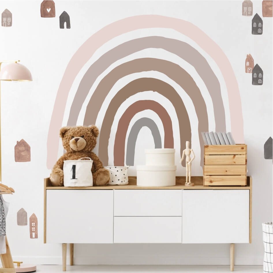 INSPIO Nálepka na stenu dúha v hnedých farbách a boho domčeky