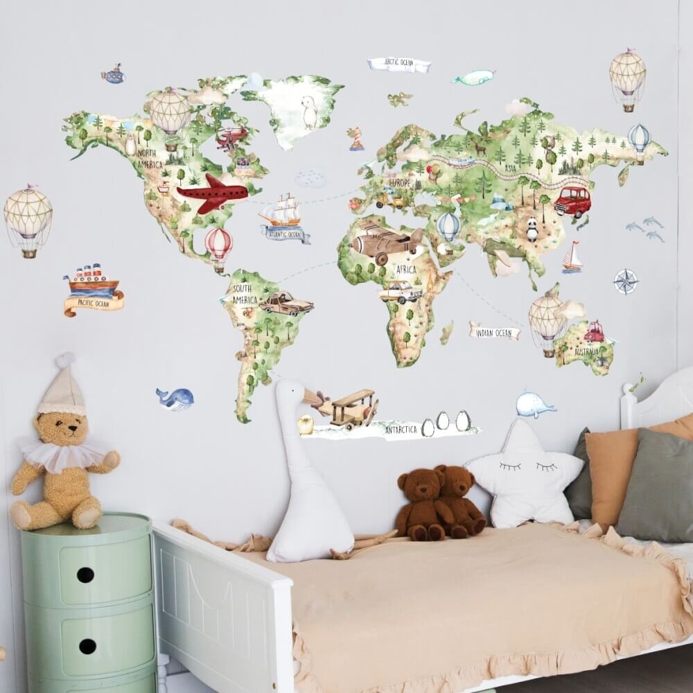 INSPIO Nástenná mapa sveta prelepiteľná samolepka na stenu do detskej izby
