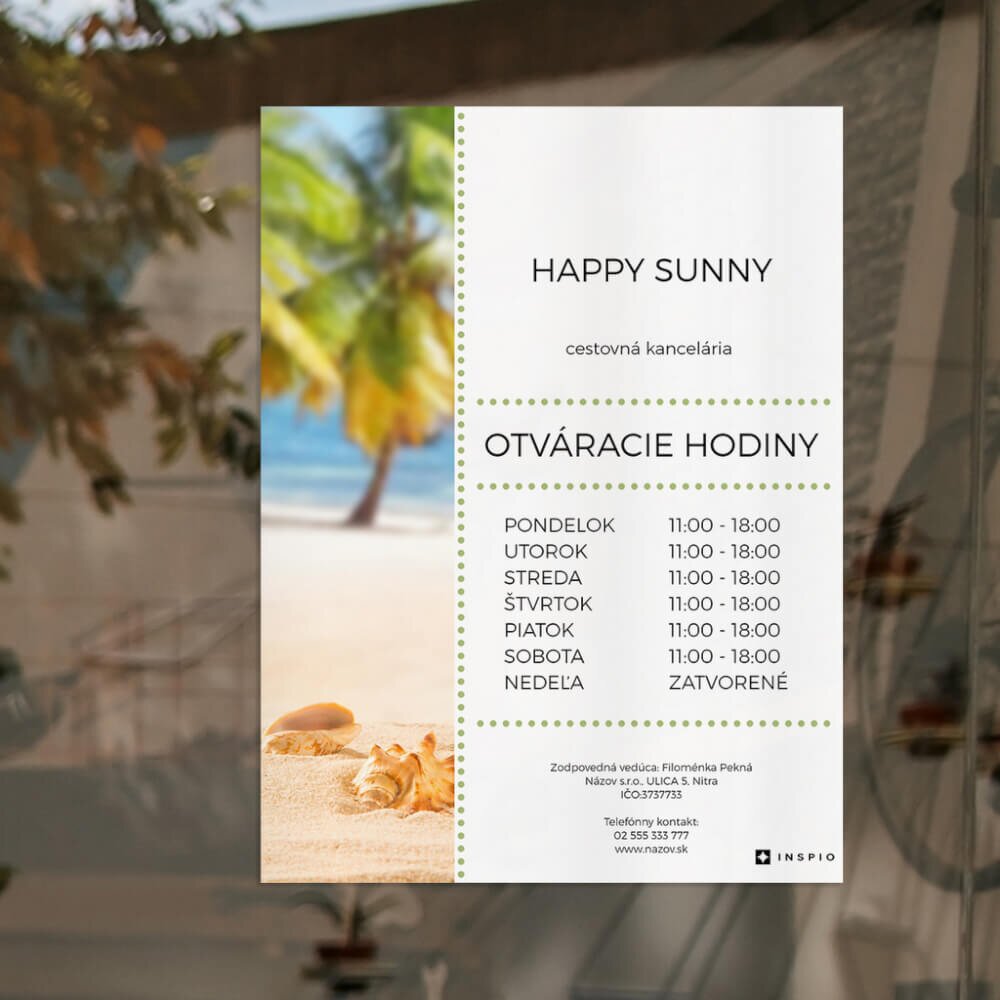 INSPIO Označenie prevádzky - Tabuľka otváracie hodiny - Cestovná kancelária