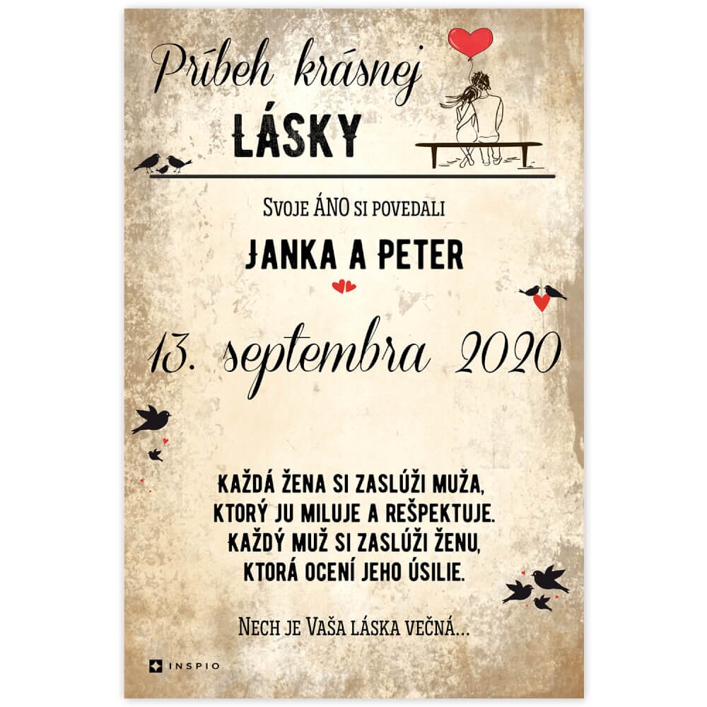 INSPIO Svadobný dar - Personalizovaná tabuľka: Príbeh lásky mladomanželov