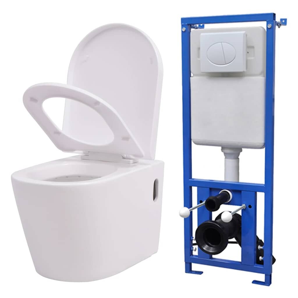 vidaXL Keramické závesné WC so skrytou nádržou biele