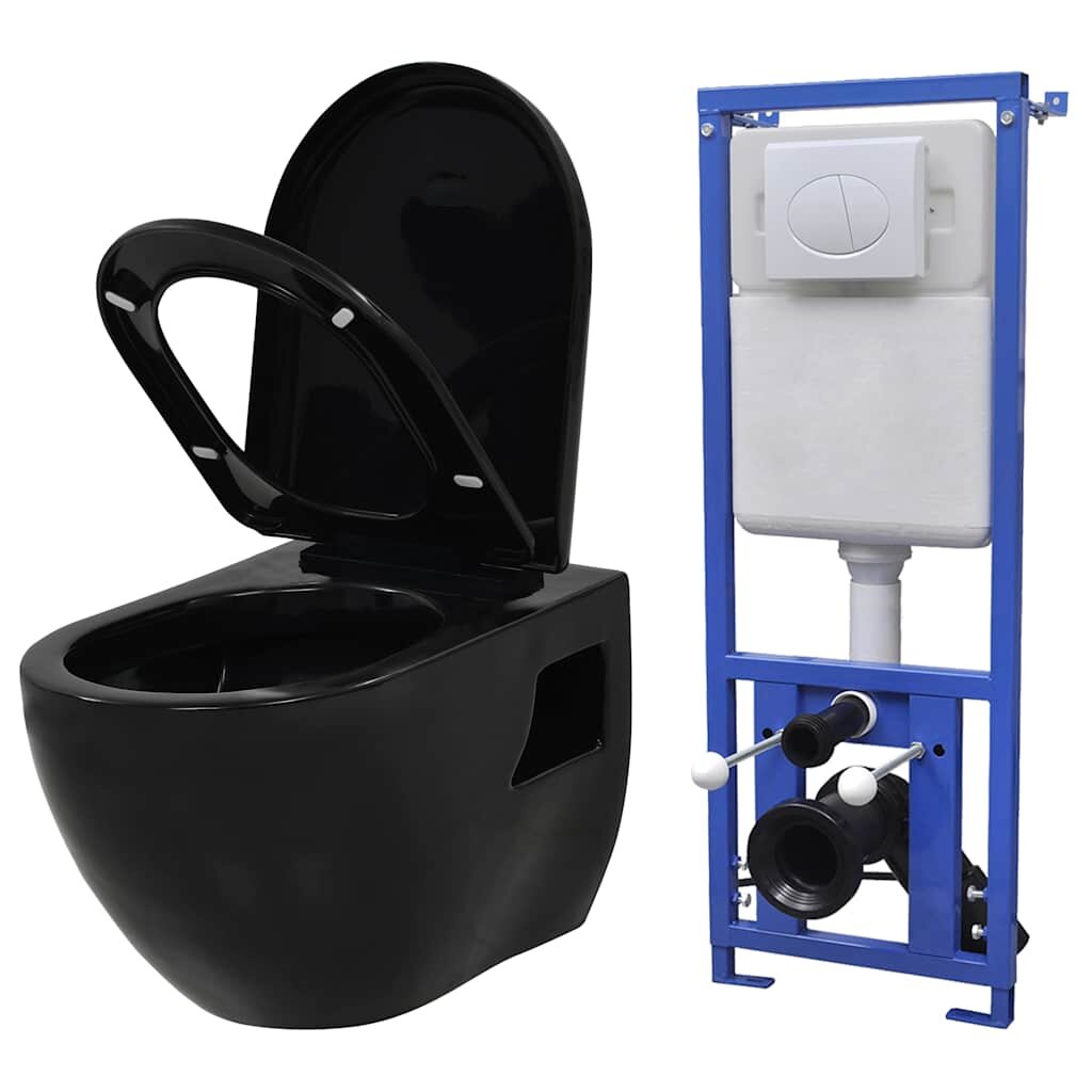 vidaXL Keramické závesné WC so skrytou nádržou čierne