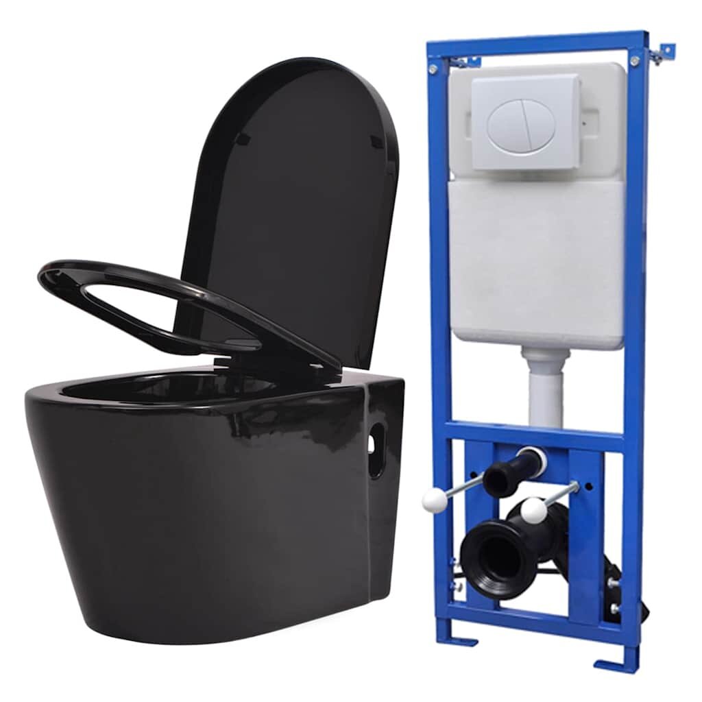 vidaXL Keramické závesné WC so skrytou nádržou čierne