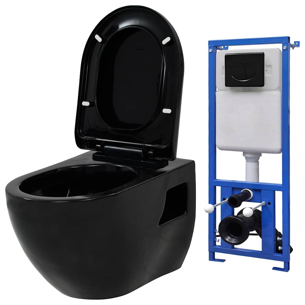 vidaXL Keramické závesné WC so skrytou nádržou čierne