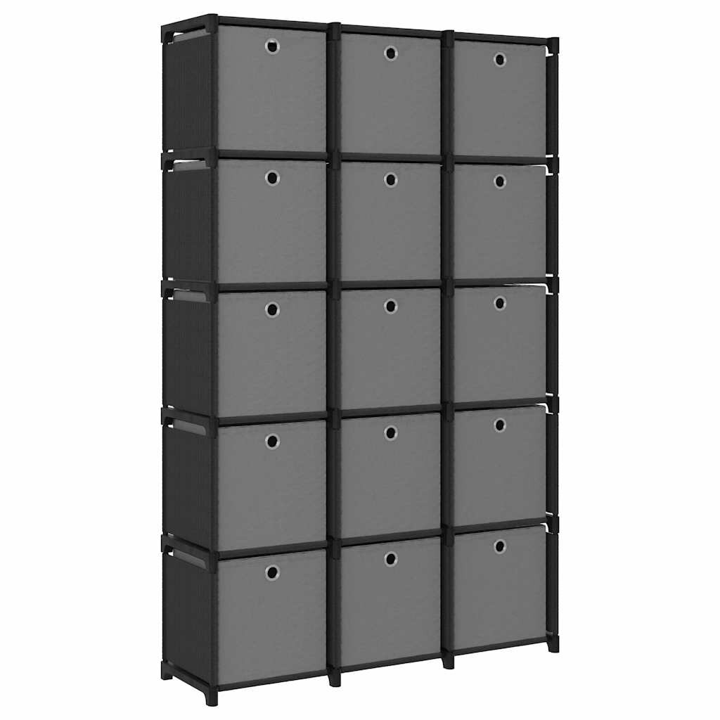 vidaXL Polica s boxmi 15 kociek čierna 103x30x1755 cm látka