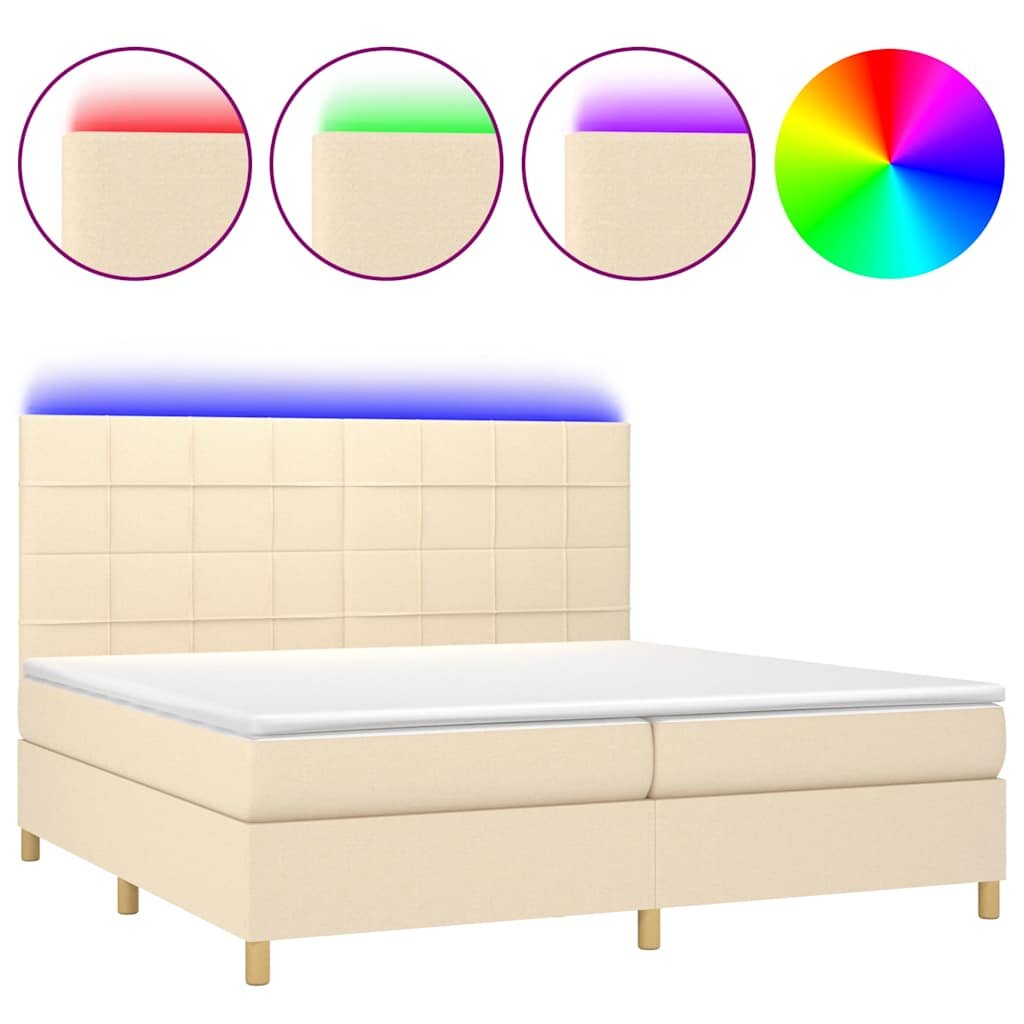 vidaXL Posteľ boxsping s matracom a LED krémová 200x200 cm látka