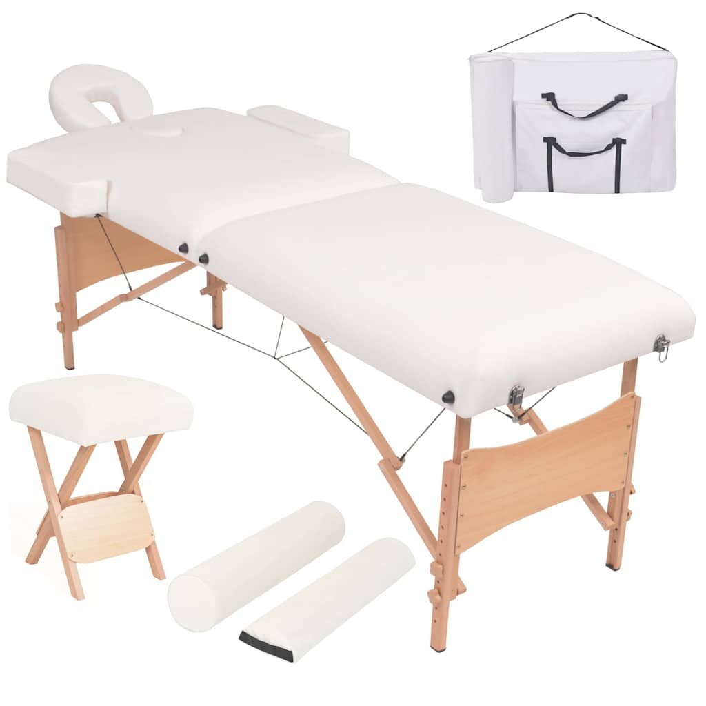 vidaXL Skladací masážny stôl 2 zóny+stolička 10 cm hrubá biela