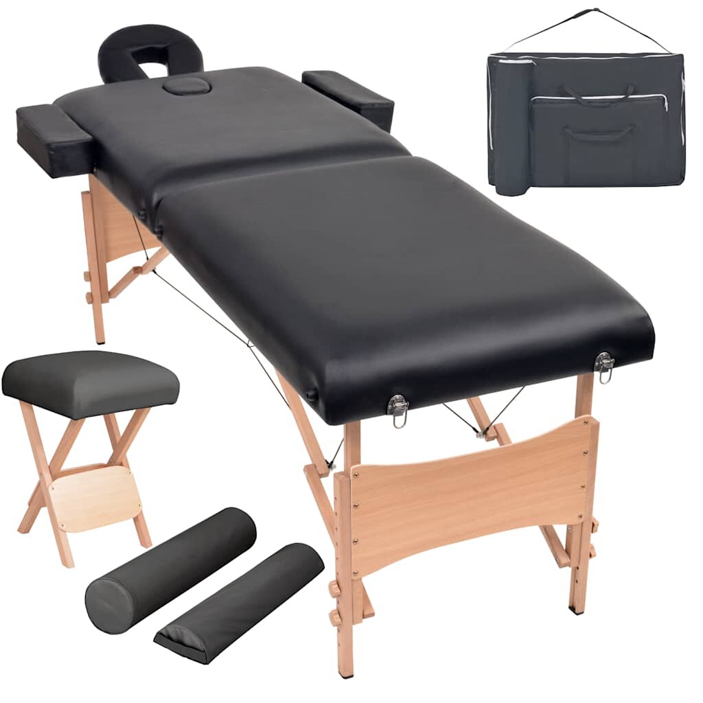 vidaXL Skladací masážny stôl 2 zóny+stolička 10 cm hrubá čierna