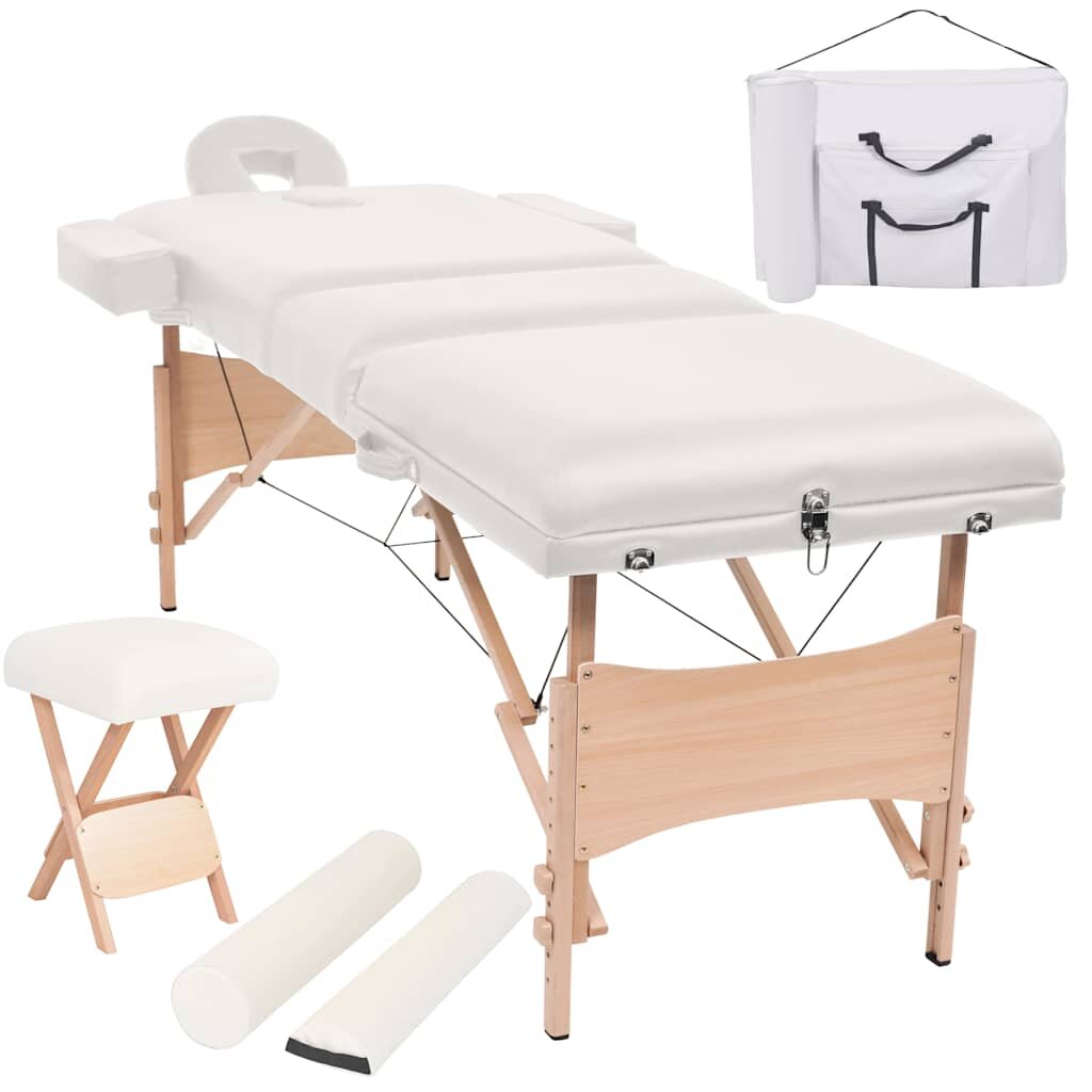 vidaXL Skladací masážny stôl 3 zóny+stolička 10 cm hrubá biela