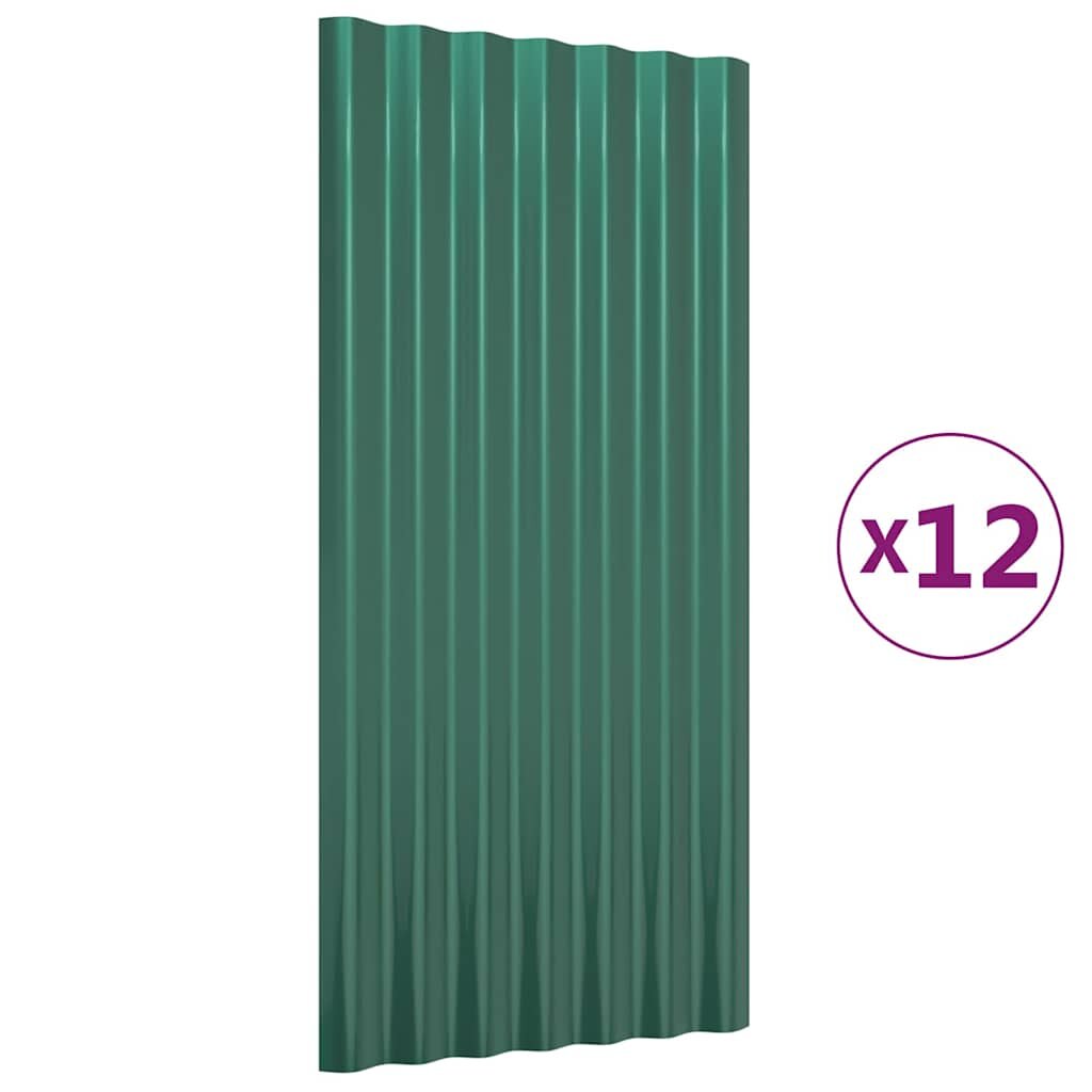 vidaXL Strešné panely 12 ks pozinkovaná oceľ zelená 80x36 cm