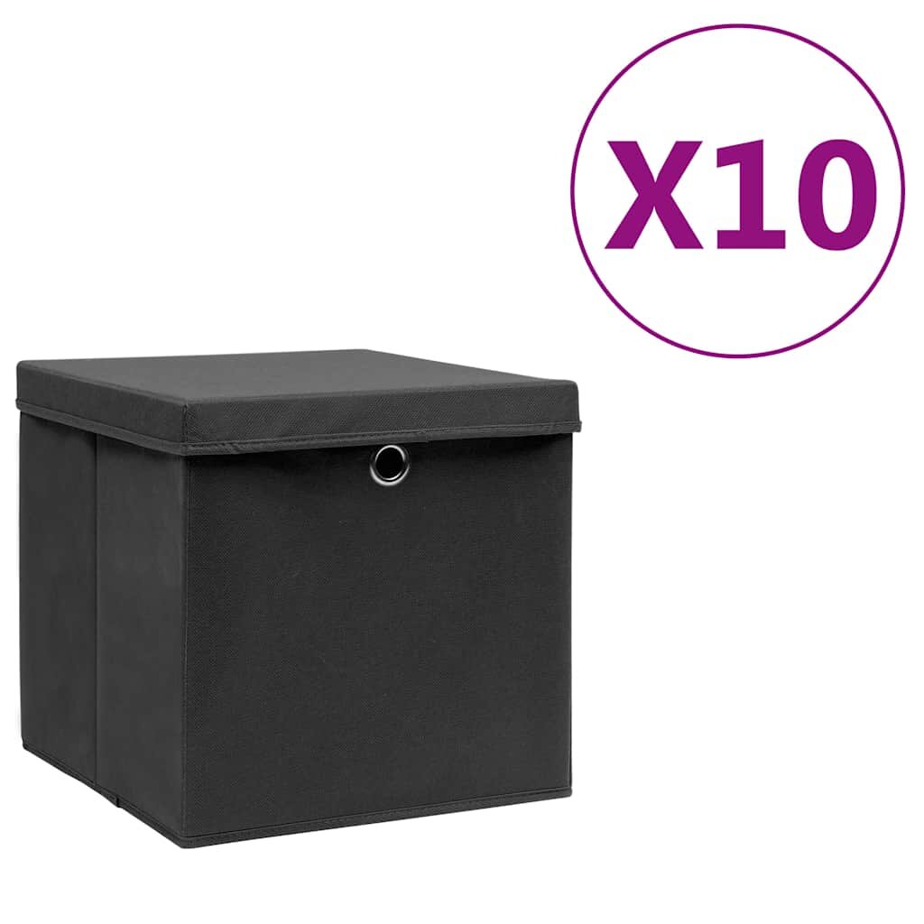 vidaXL Úložné boxy s vekom 10 ks 28x28x28 cm čierne