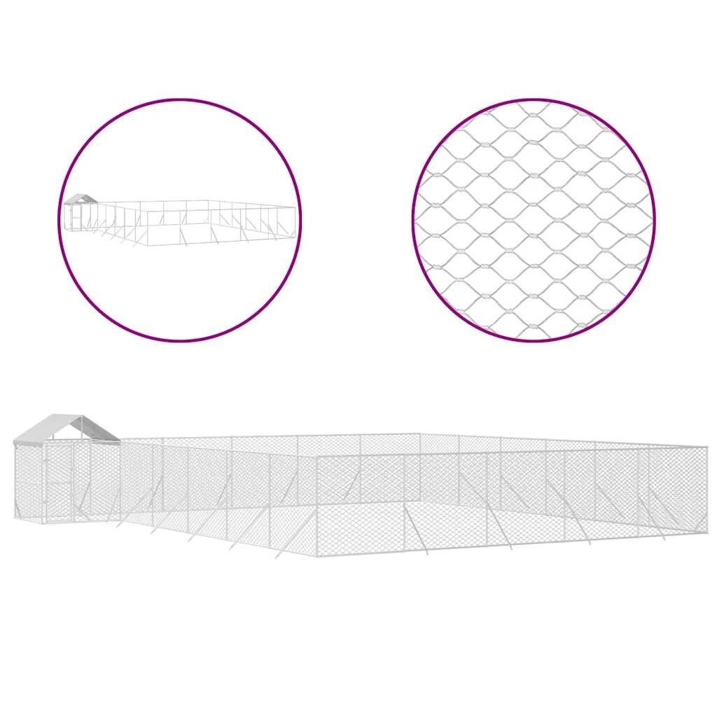 vidaXL Vonkajší koterec pre psov so strechou striebor. 12x12x25m oceľ