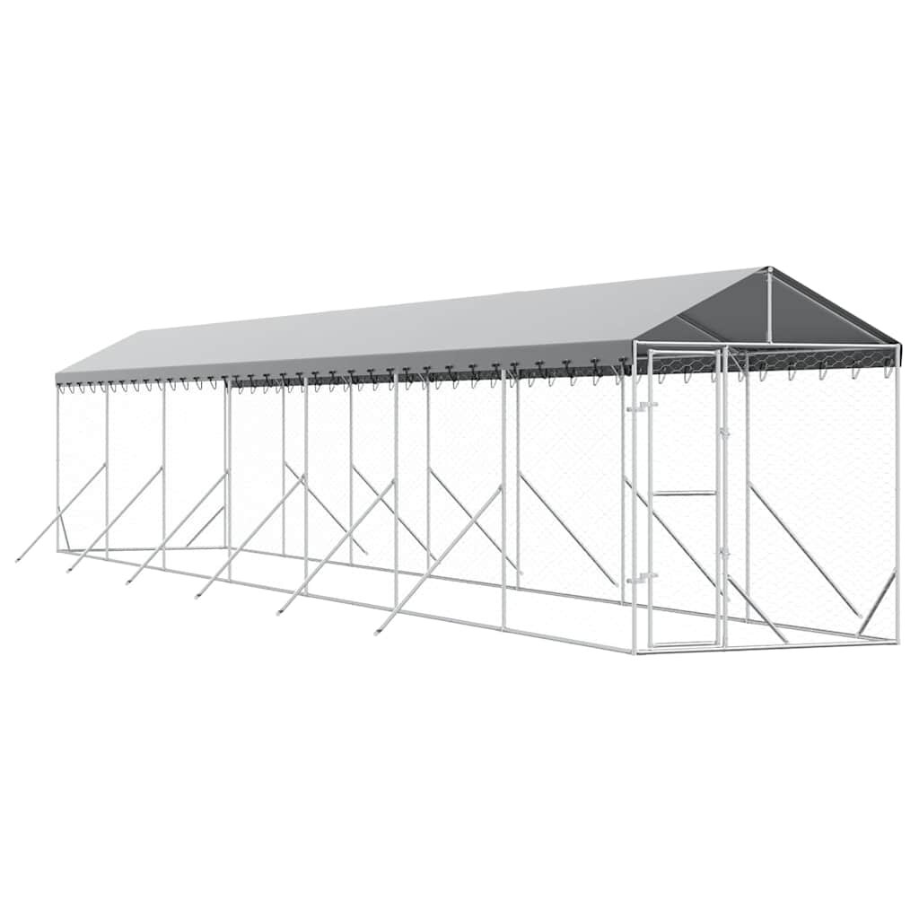 vidaXL Vonkajší koterec pre psov so strechou striebor. 2x14x25m oceľ