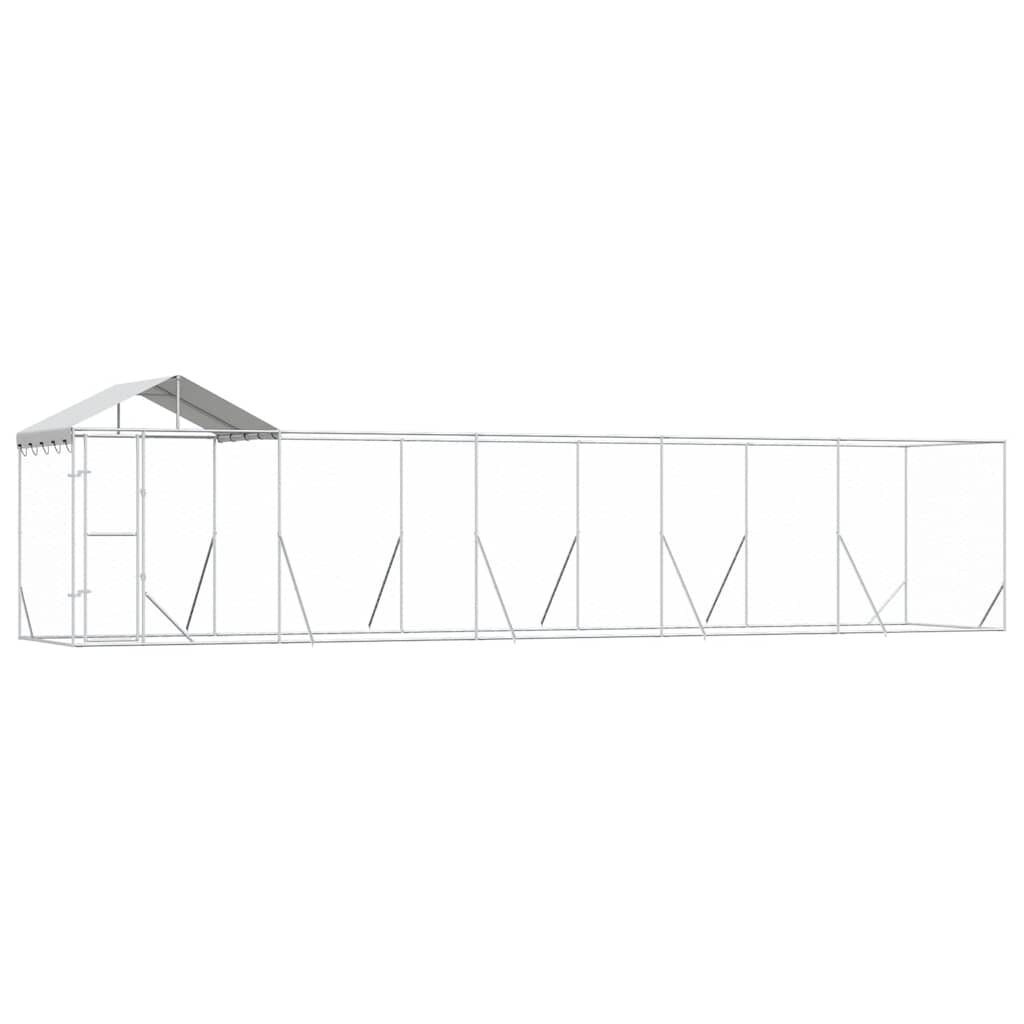 vidaXL Vonkajší koterec pre psov so strechou strieborný 10x2x25m oceľ