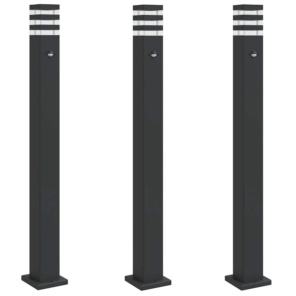 vidaXL Vonkajšie stojace lampy so senzorom 3 ks čierne 110 cm hliník
